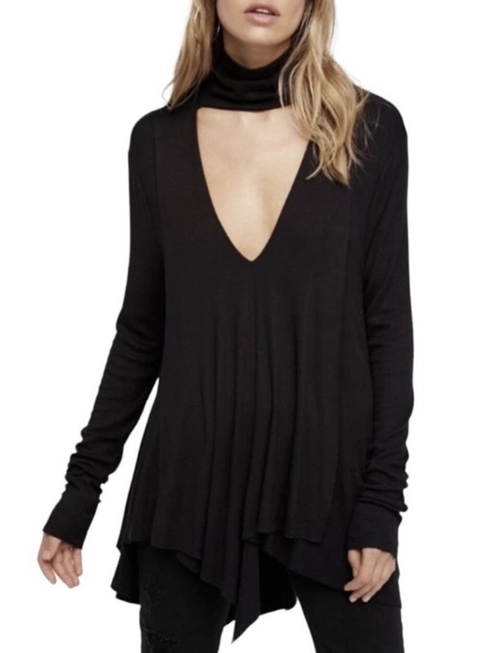 FREE PEOPLE Uptown Turtleneck Black Tunic Top Blouse Shirt Cut Out Detail